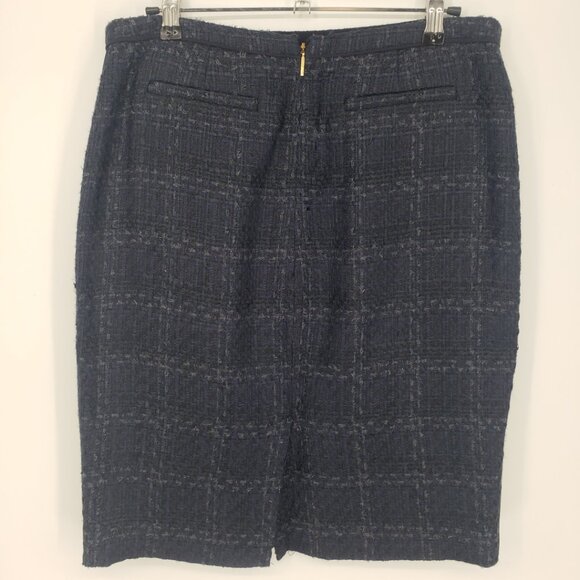 Tory Burch Plaid Tweed Pencil Skirt 6 Drew Glazed Shimmer Navy Blue - Picture 2 of 6